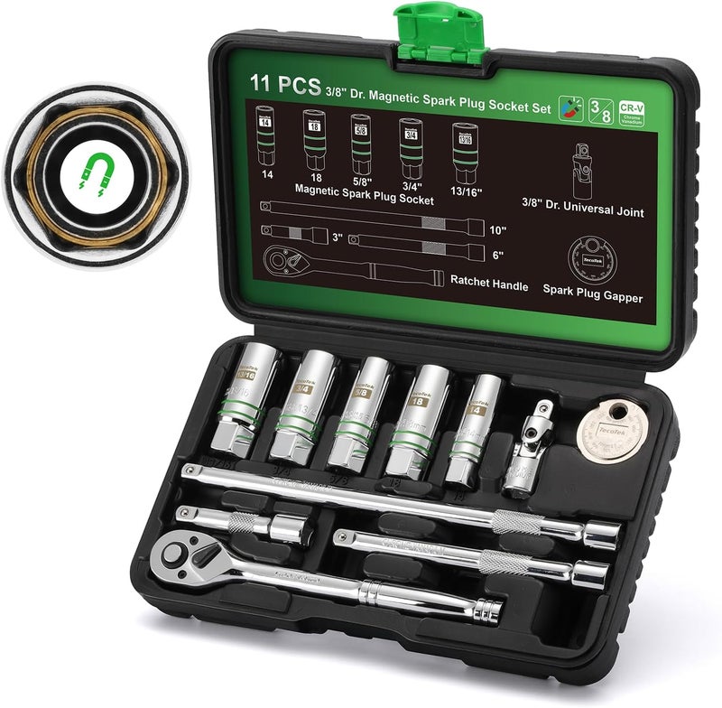 TecoTek 11-Piece Magnetic Spark Plug Socket Set with 3/8" Drive Ratchet Handle, Spark Plug Gapper, Universal Joint and Extension Bar, 5/8", 3/4", 13/16", 14mm, 18mm - Image 1